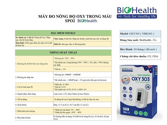 Máy đo nồng độ oxy trong máu SPO2 Biohealth OXY 303