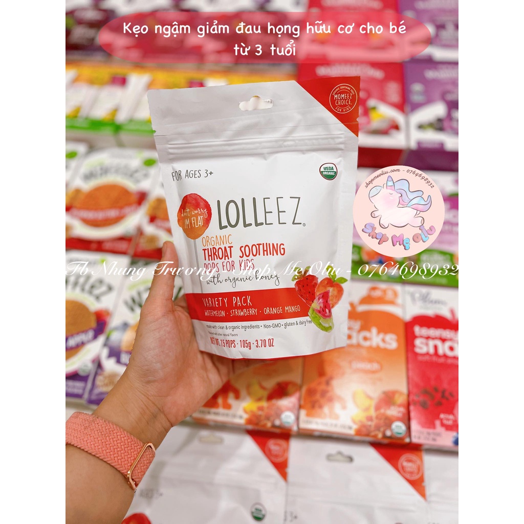 Kẹo ngậm hữu cơ Lolleez giảm đau họng, ho cho bé từ 3 tuổi vị dưa hấu. dâu, xoài (15 cây/70g)