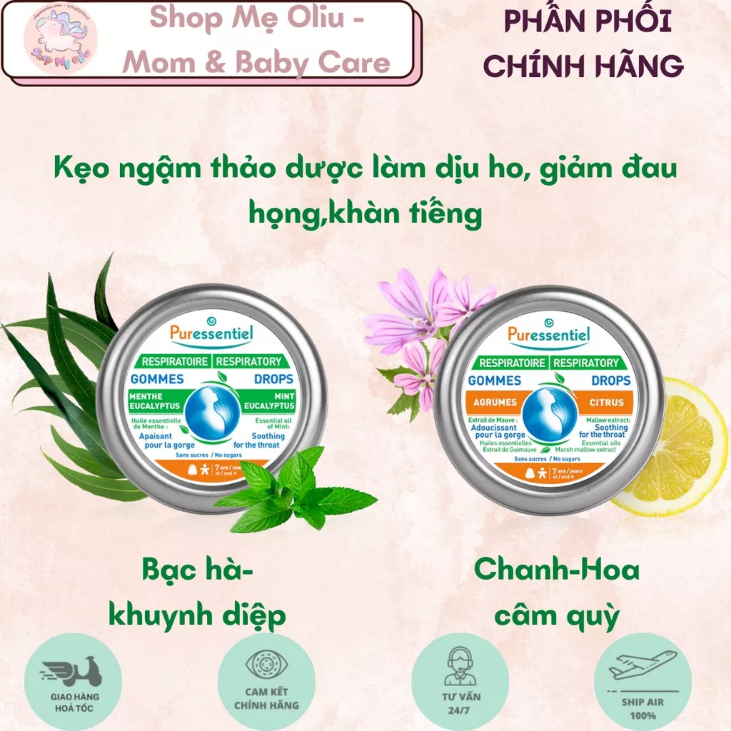 Kẹo ngậm Puressentiel thảo mộc giảm ho,đau họng,rát họng, khàn tiếng trẻ từ 7 tuổi, người lớn 45g
