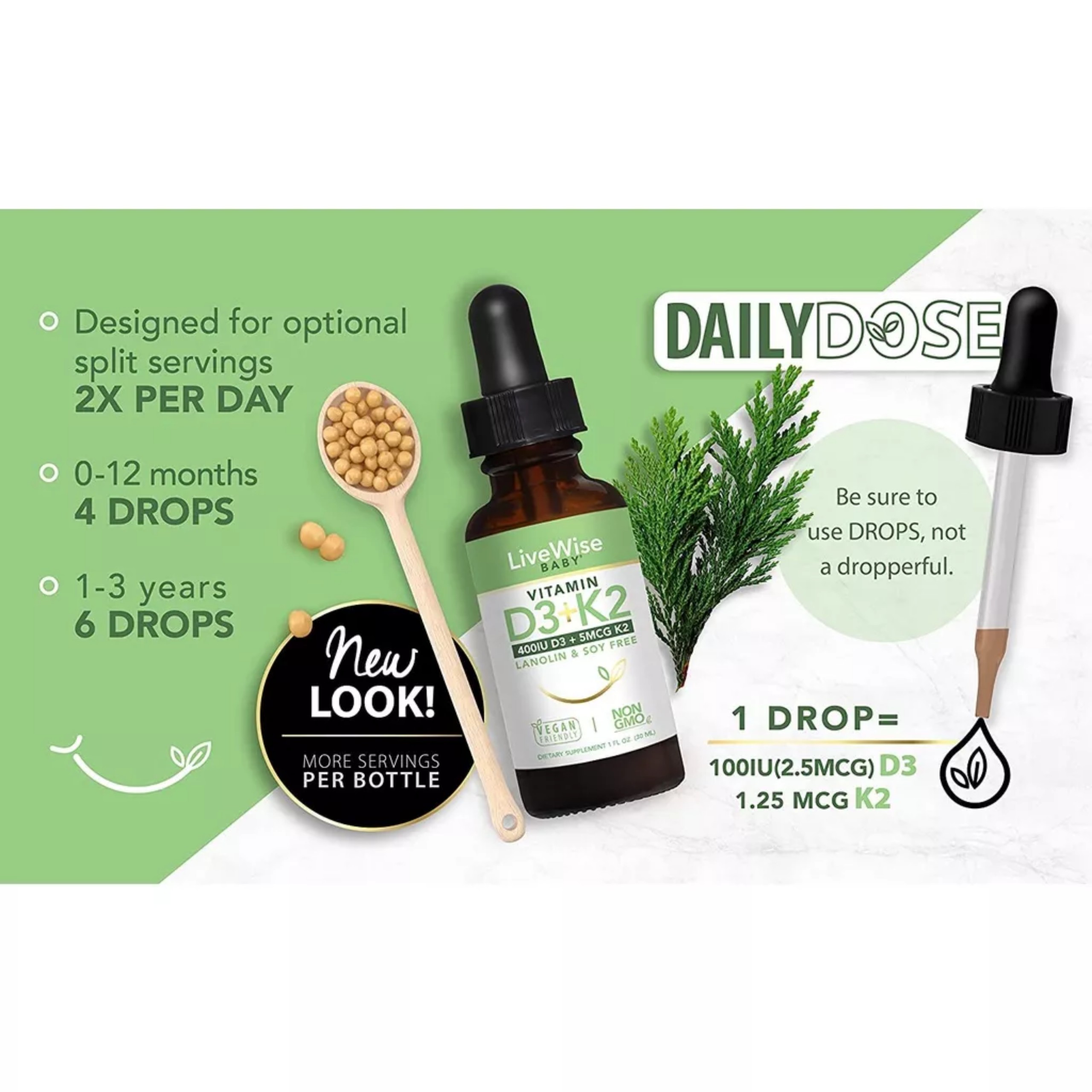 Vitamin D3+K2 (MK-7) dạng giọt Livewise Baby thuần chay,Dầu MCT hữu cơ hỗ trợ xương, não, miễn dịch khỏe mạnh 30ml