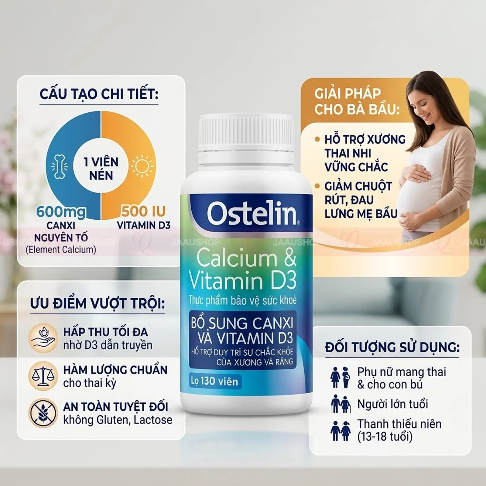 Canxi Ostelin 130 viên có thành phần gì? Hàm lượng canxi và vitamin D3 trong mỗi viên