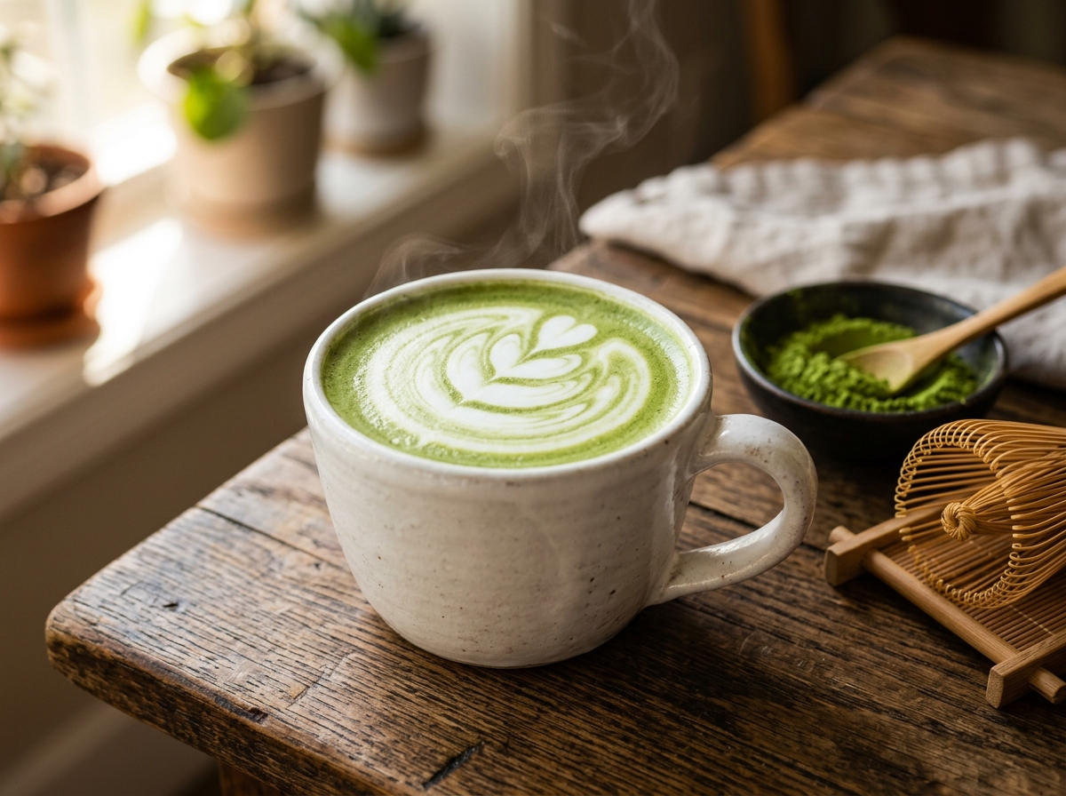 Tách trà Matcha latte pha nóng thơm ngậy lớp bọt mịn