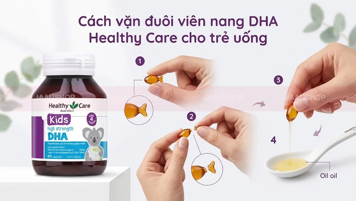 Cách vặn đuôi viên nang DHA Healthy Care cho trẻ uống