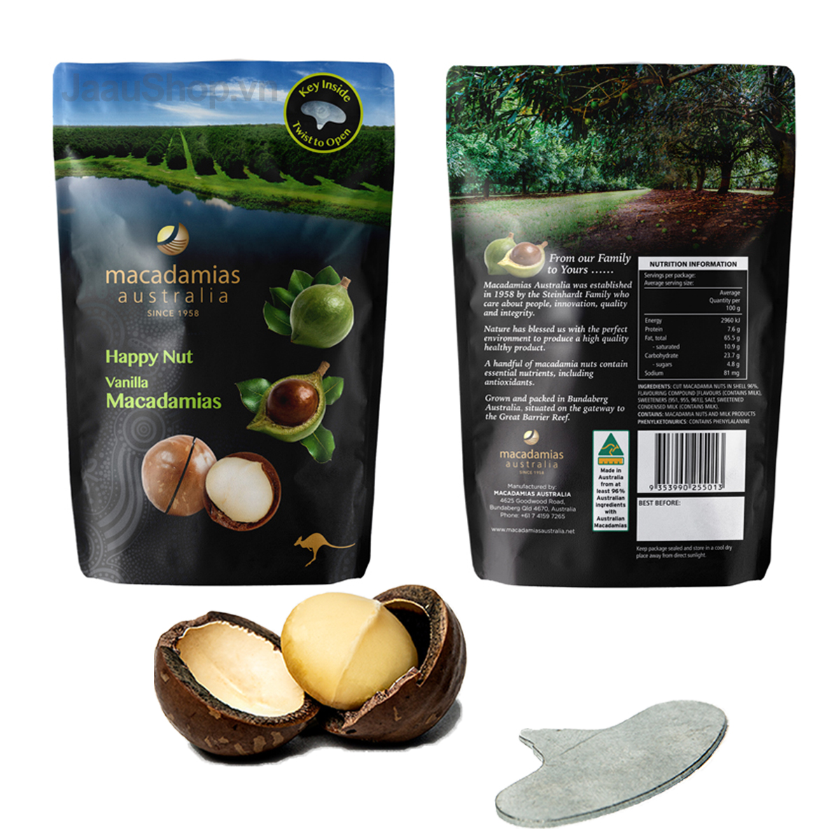 Hạt Macca Happy Nut tẩm Vanilla 225g, Hạt mắc ca nguyên vỏ của Úc