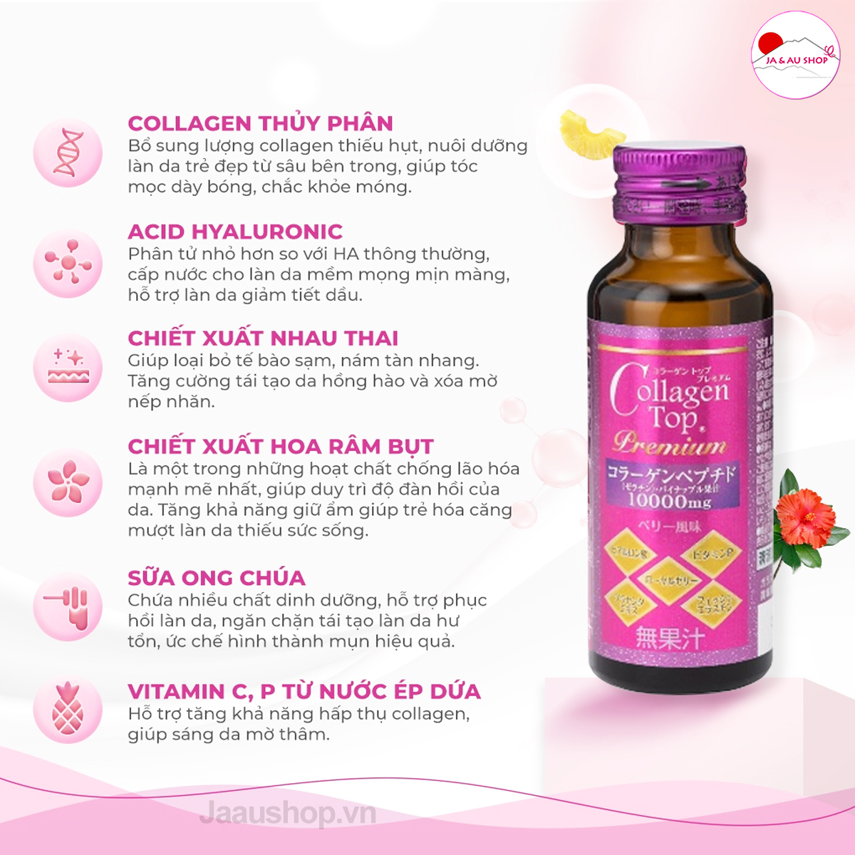 Thành phần Nước uống Collagen Top SHINNIPPAI 10000mg Nhật Bản - Hộp 10 chai x 50ml