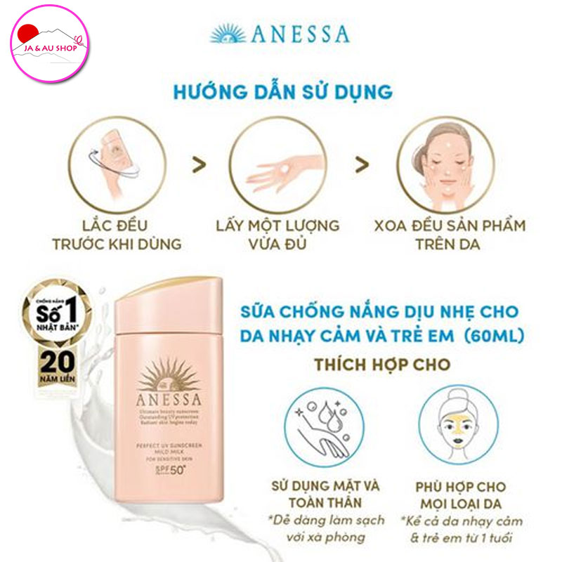 Sữa chống nắng cho da nhạy cảm Anessa Perfect UV Sunscreen Mild Milk For Sensitive Skin SPF50+/PA++++ 60ml 8