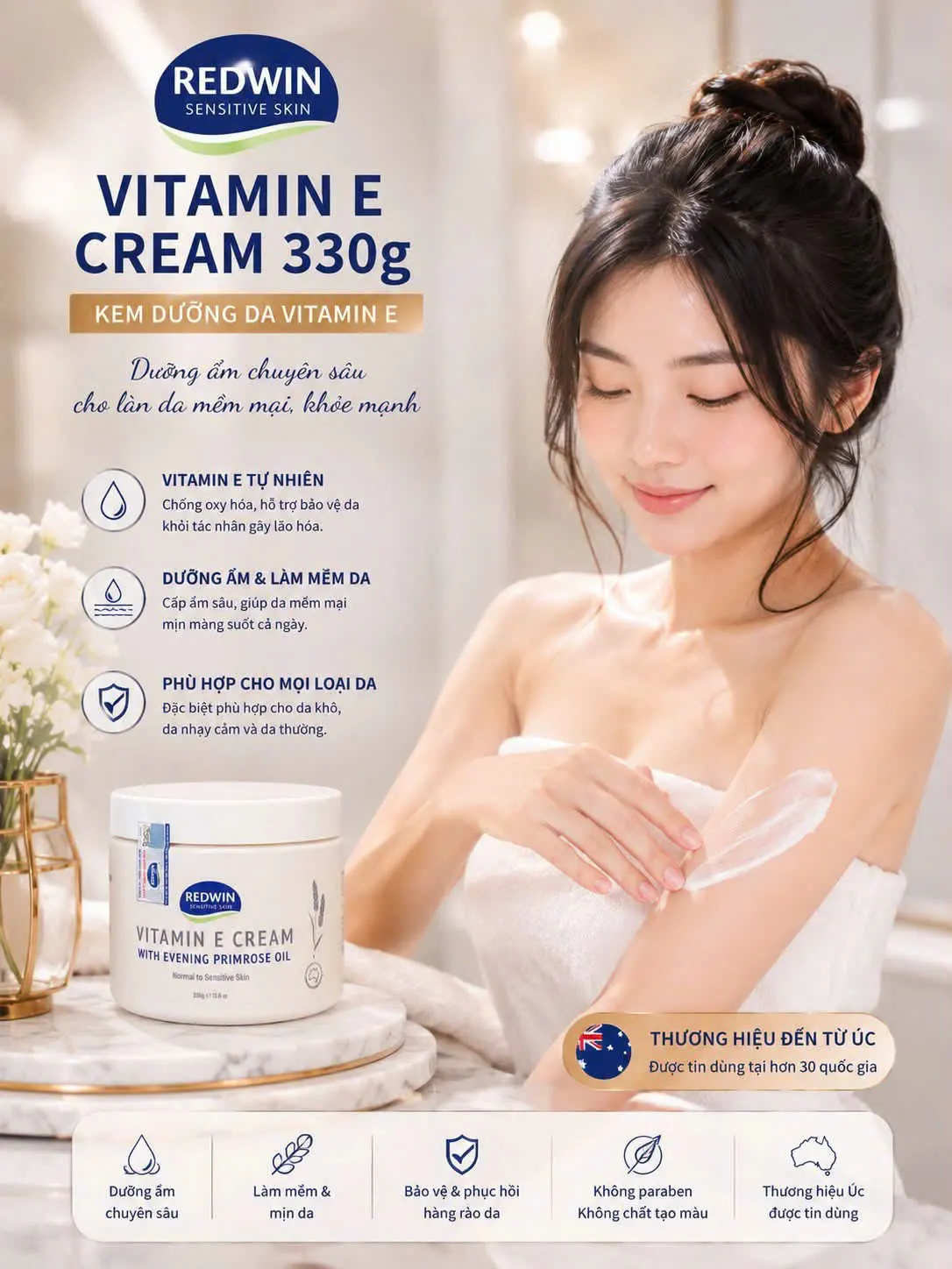 Công dụng của Kem dưỡng da mềm mịn REDWIN Vitamin E Cream 330g
