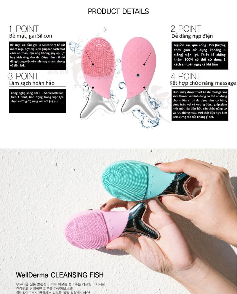Máy Rửa Mặt Làm Sạch Sâu, Kết Hợp Chức Năng Massage WellDerma Cleansing Fish 8