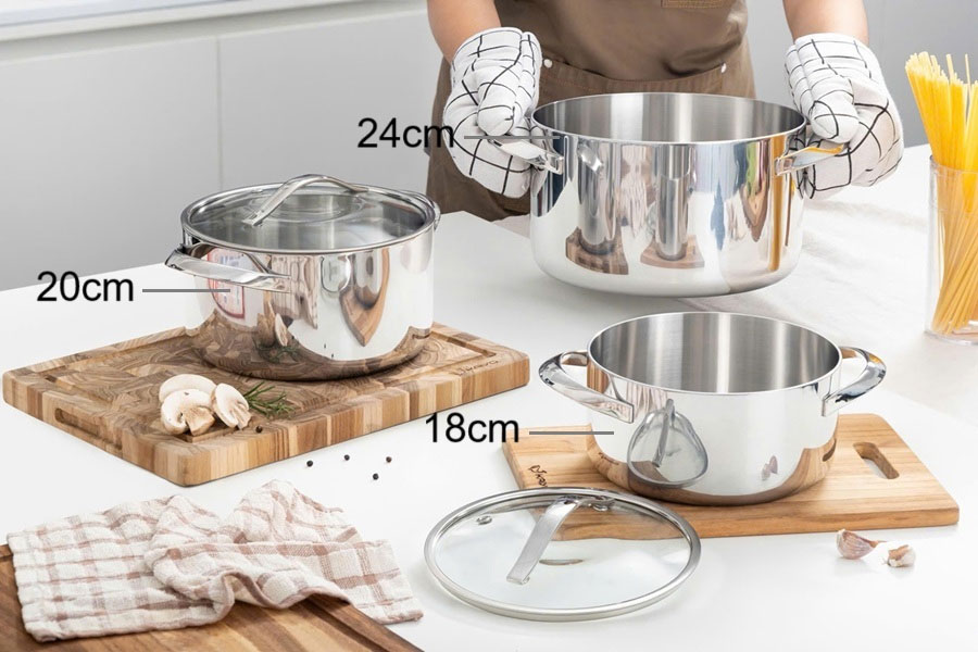 Combo 3 nồi Tri-Ply Silver Crown – Giải pháp tiết kiệm & đồng bộ