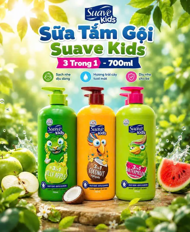 Chai sữa tắm gội Suave Kids 3in1 Coconut Splash dung tích 700ml