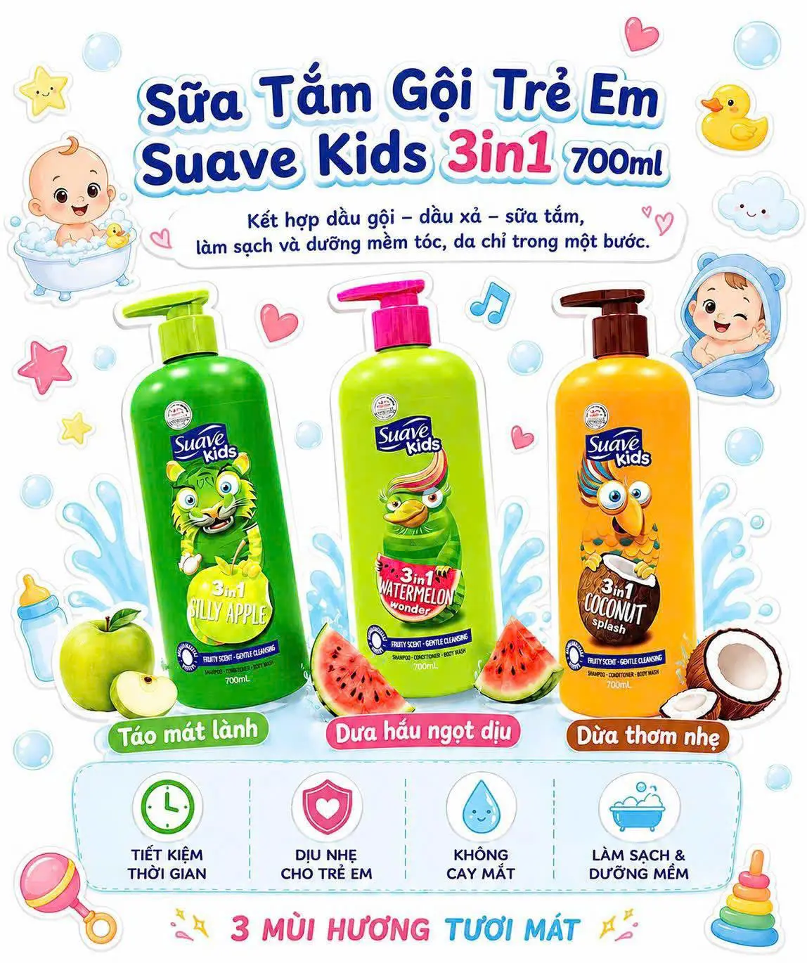 Hướng dẫn các bước tắm gội đúng cách bằng Suave Kids 3in1
