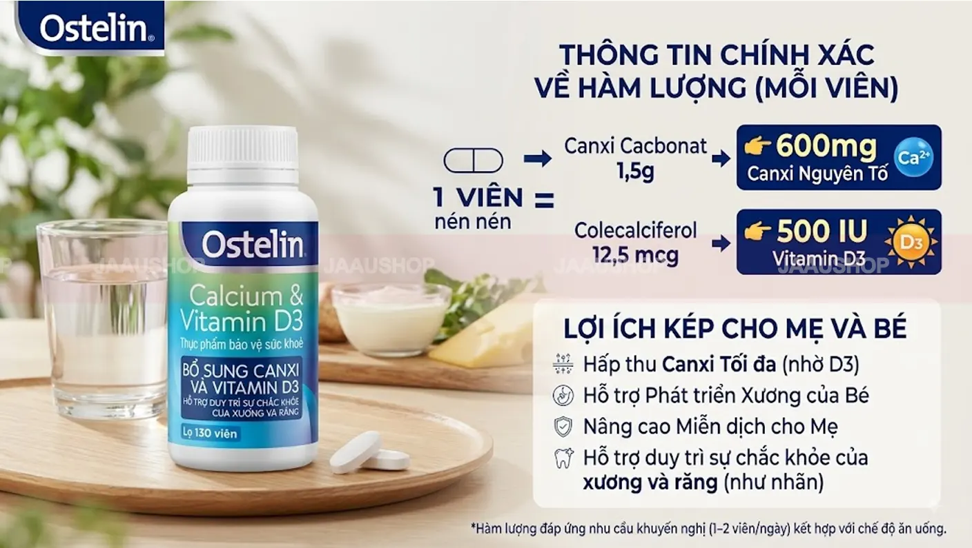 Hàm lượng canxi trong 1 viên Ostelin là bao nhiêu?