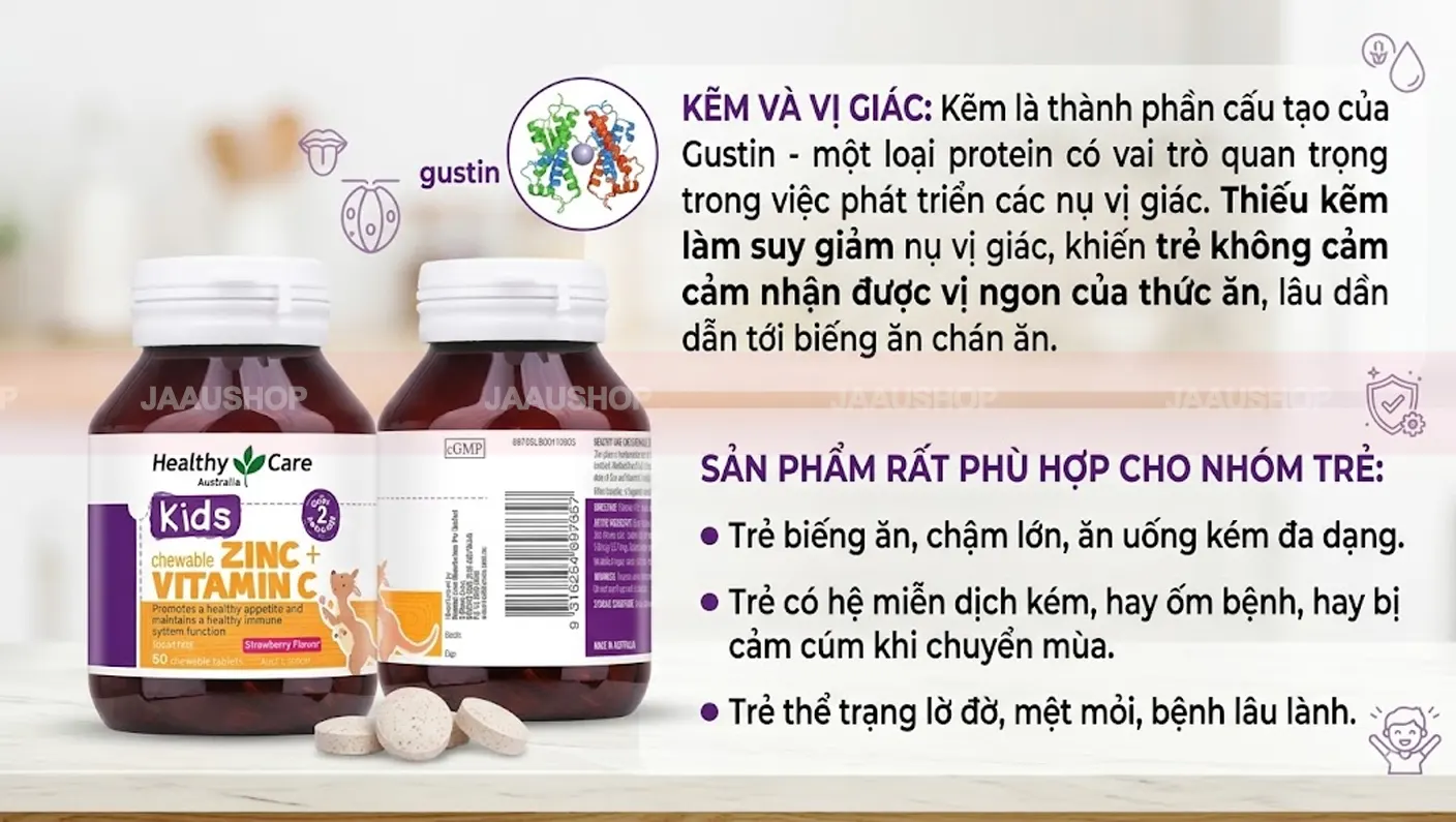 Healthy Care Zinc Vitamin C phù hợp cho trẻ biếng ăn hay ốm vặt