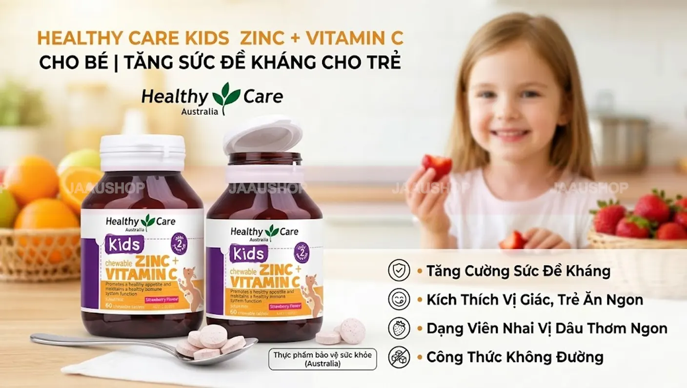 Healthy Care Kids Zinc + Vitamin C cho bé lọ 60 viên của Úc