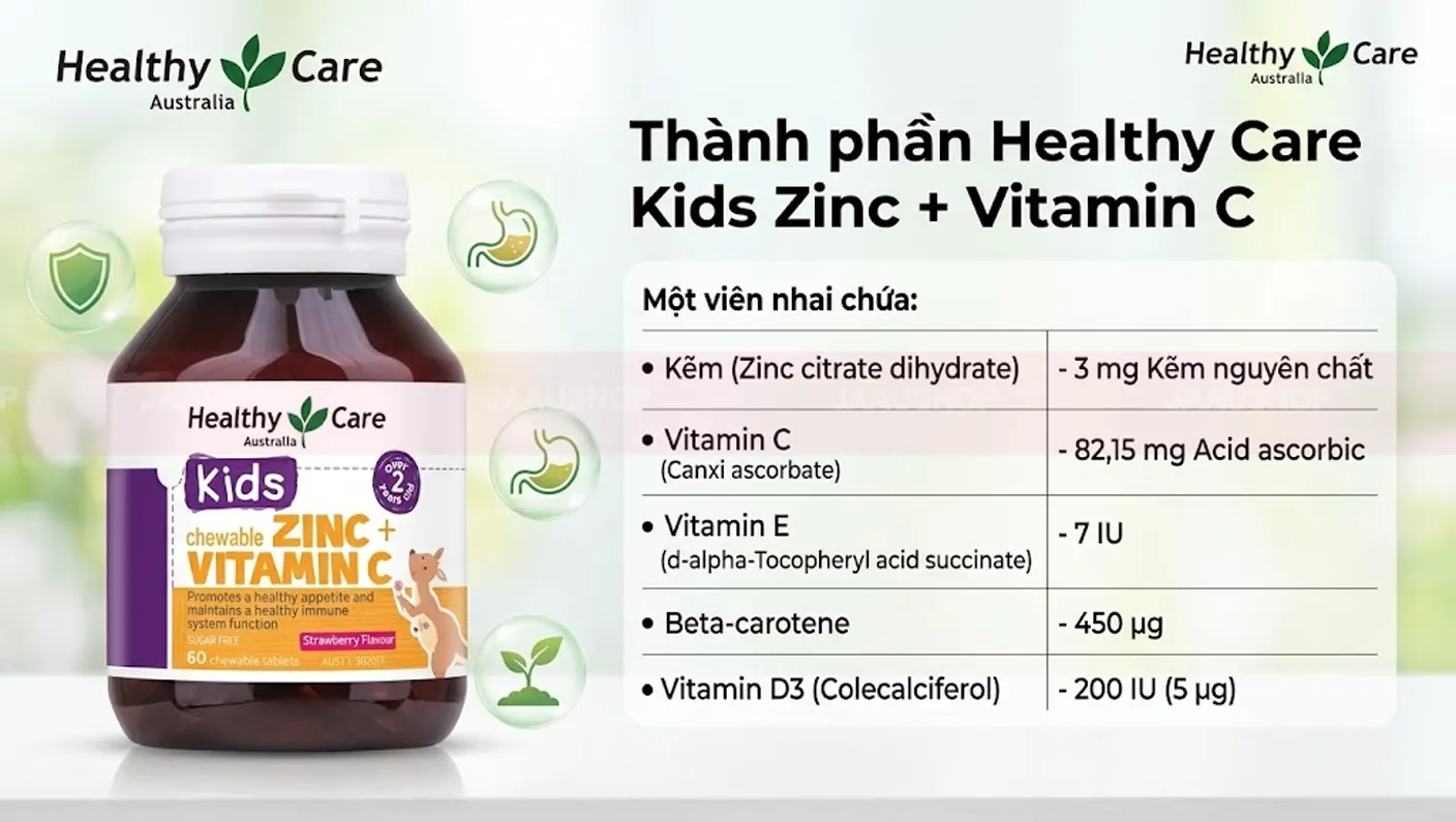 Bảng thành phần Healthy Care Kids Chewable Zinc Vitamin C