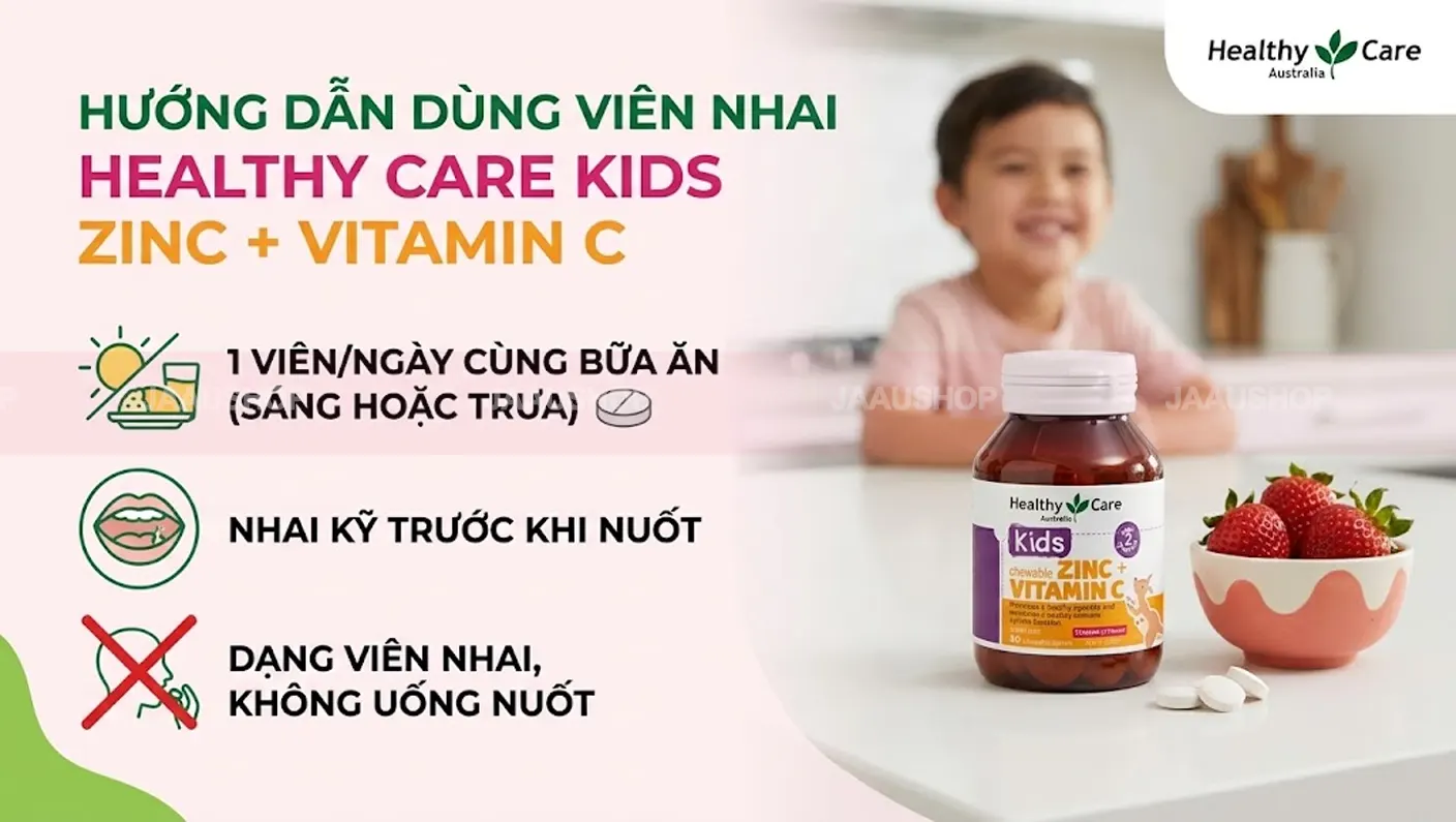 Cách dùng viên nhai Healthy Care Zinc Vitamin C cho bé