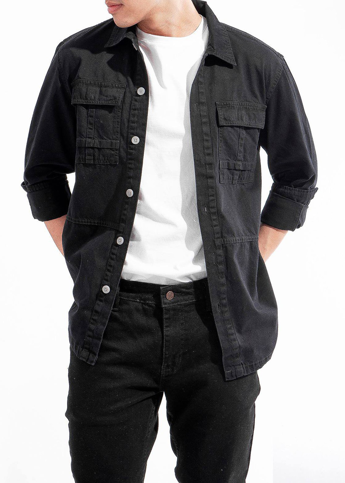 Áo khoác denim nam màu đen fom rộng thời trang nam