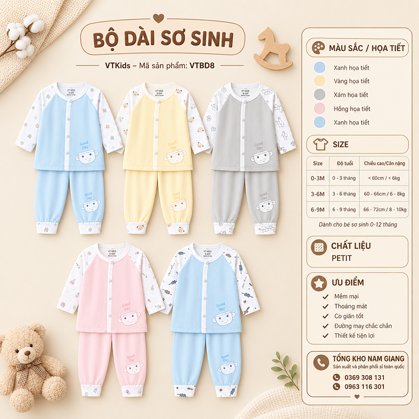 Bộ dài sơ sinh petit VTKids cài lệch VTBD8