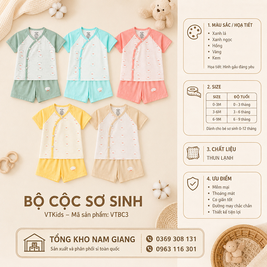 Bộ cộc sơ sinh thun lạnh VTKids cài chéo VTBC3