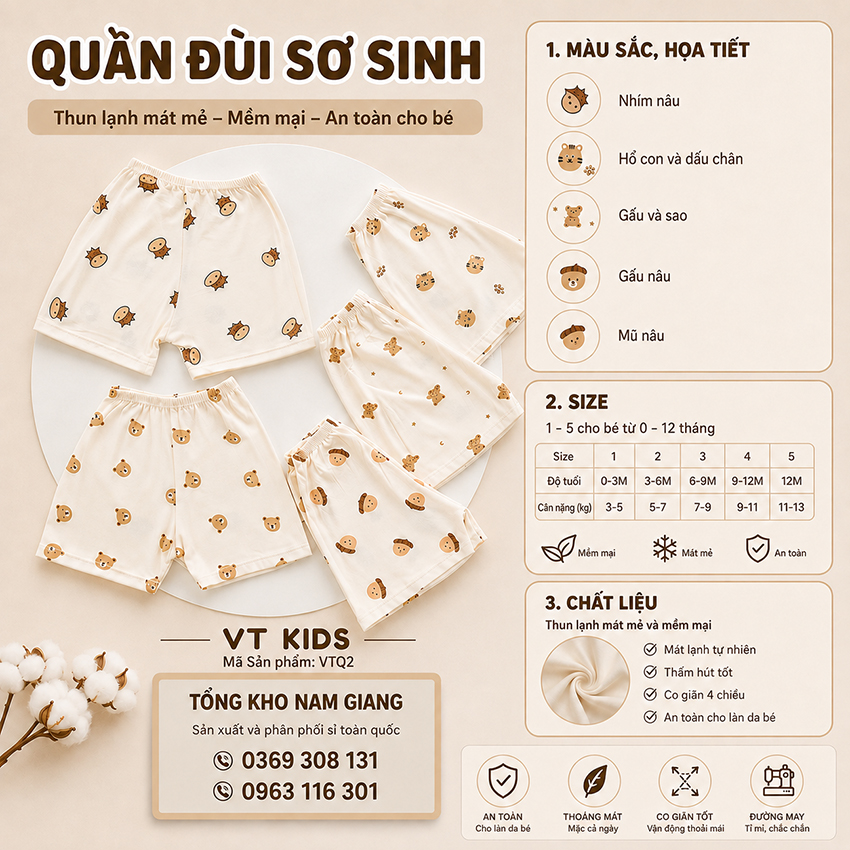 Quần đùi sơ sinh thun lạnh VTkids VTQ2