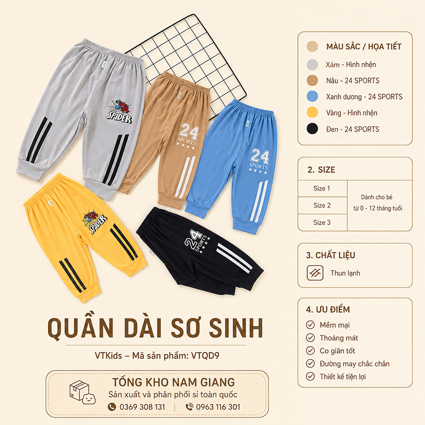 Quần dài sơ sinh thun lạnh VTKids sọc thể thao VTQD9