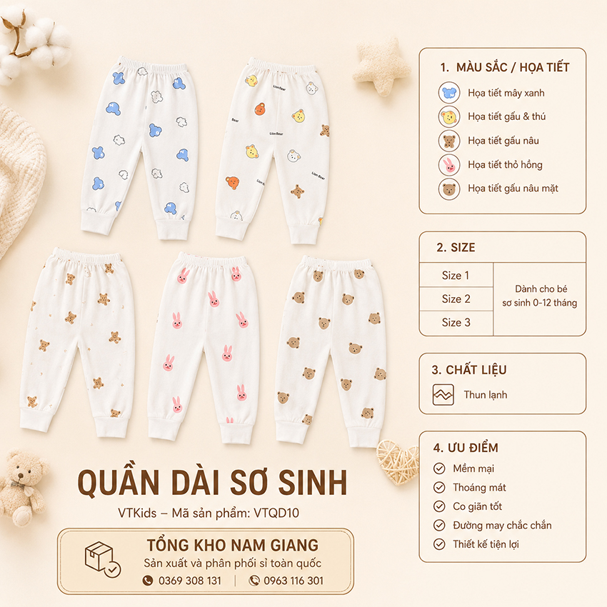 Quần dài sơ sinh thun lạnh VTKids VTQD10