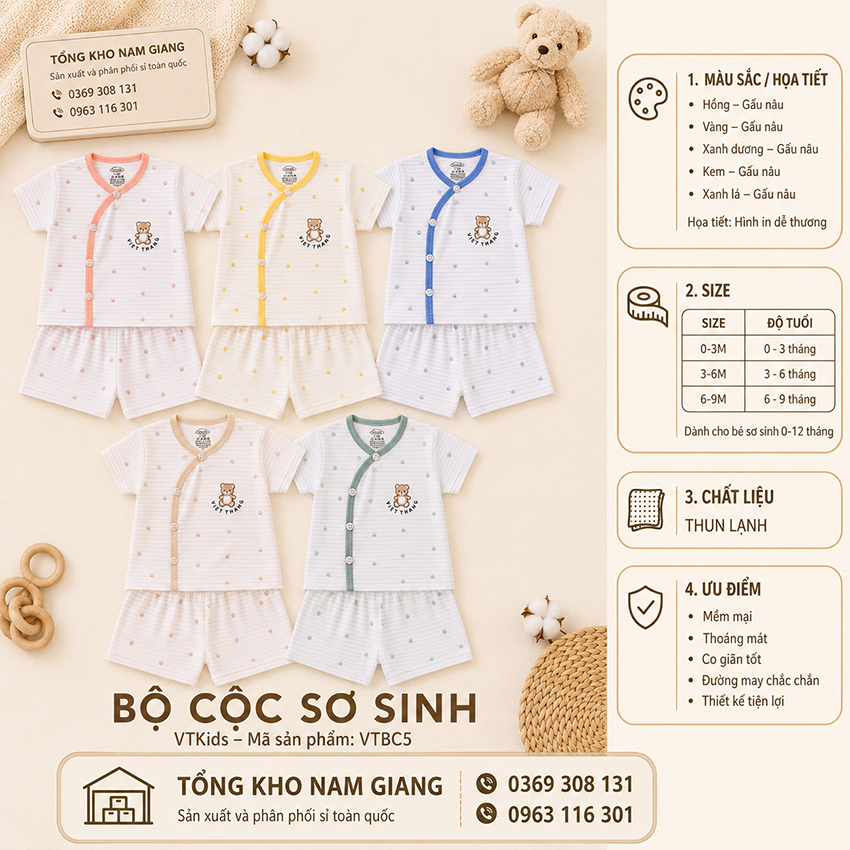 Bộ cộc sơ sinh thun lạnh VTKids cài chéo VTBC5