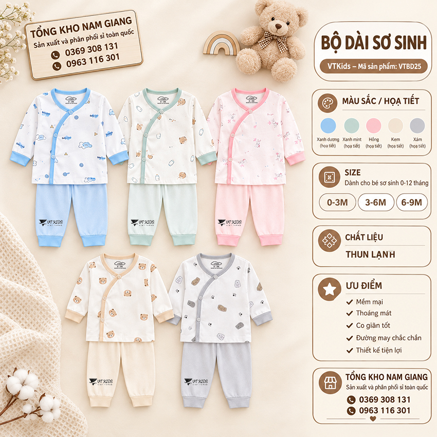 Bộ dài sơ sinh thun lạnh VTKids cài lệch VTBD25