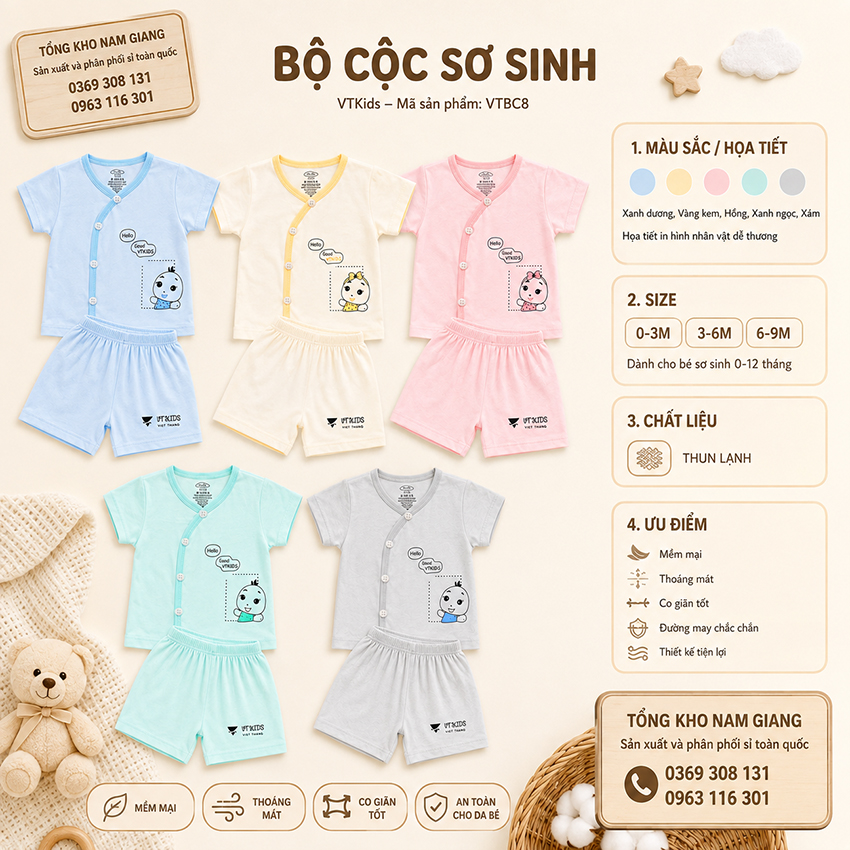 Bộ cộc sơ sinh thun lạnh VTKids cài chéo VTBC8