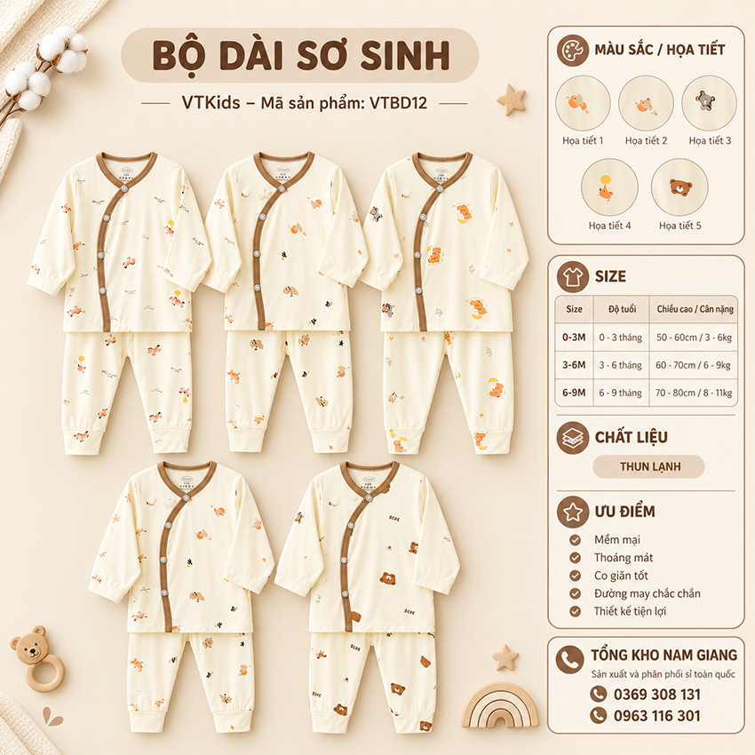 Bộ dài sơ sinh thun lạnh VTKids cài chéo VTBD12