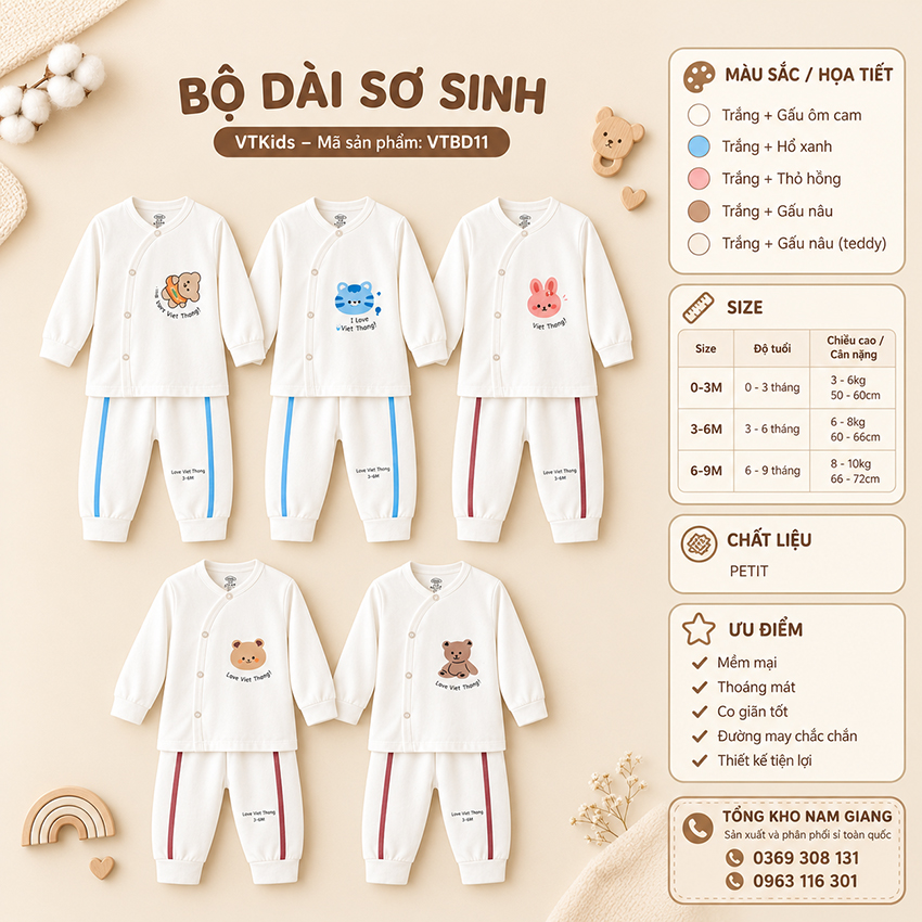 Bộ dài sơ sinh petit VTKids cài lệch VTBD11