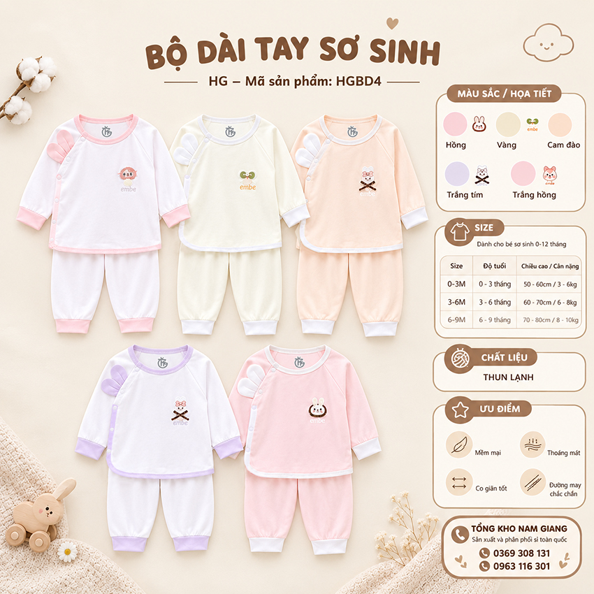 Bộ dài sơ sinh thun lạnh HG cài lệch HGBD4