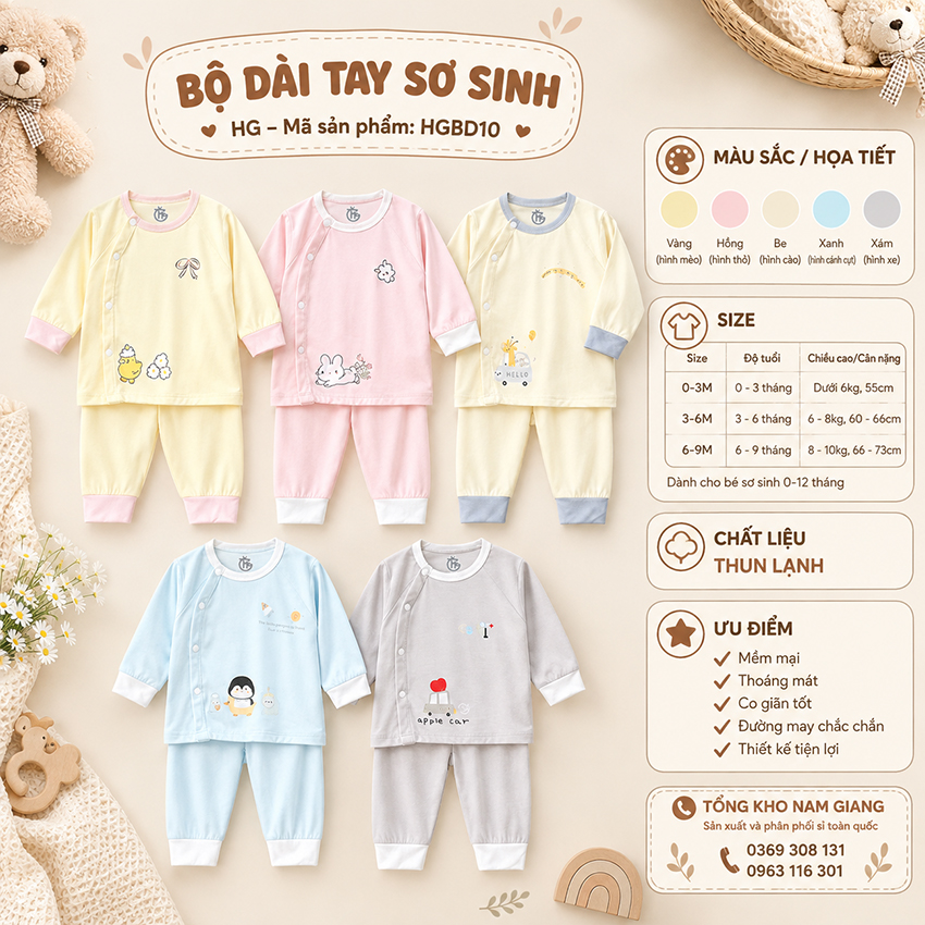 Bộ dài sơ sinh thun lạnh HG cài lệch HGBD10