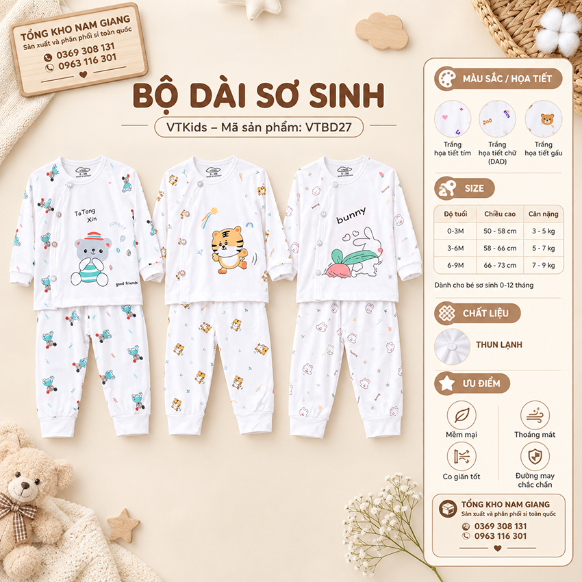 Bộ dài sơ sinh thun lạnh VTKids cài lệch VTBD27