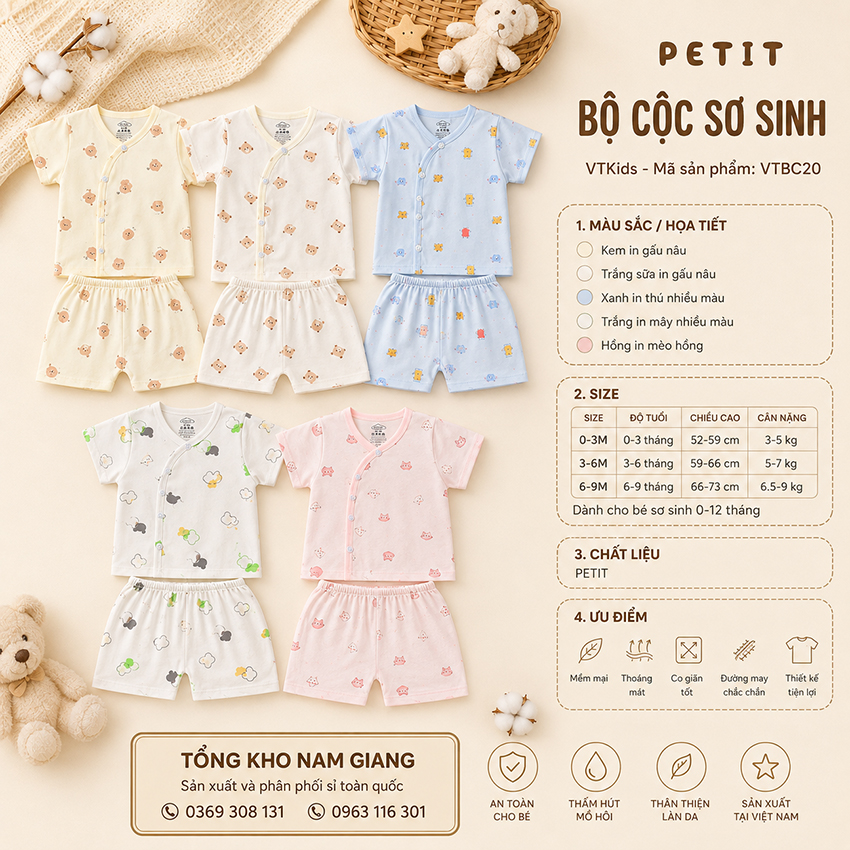 Bộ cộc sơ sinh Petit VTKids cài lệch VTBC20