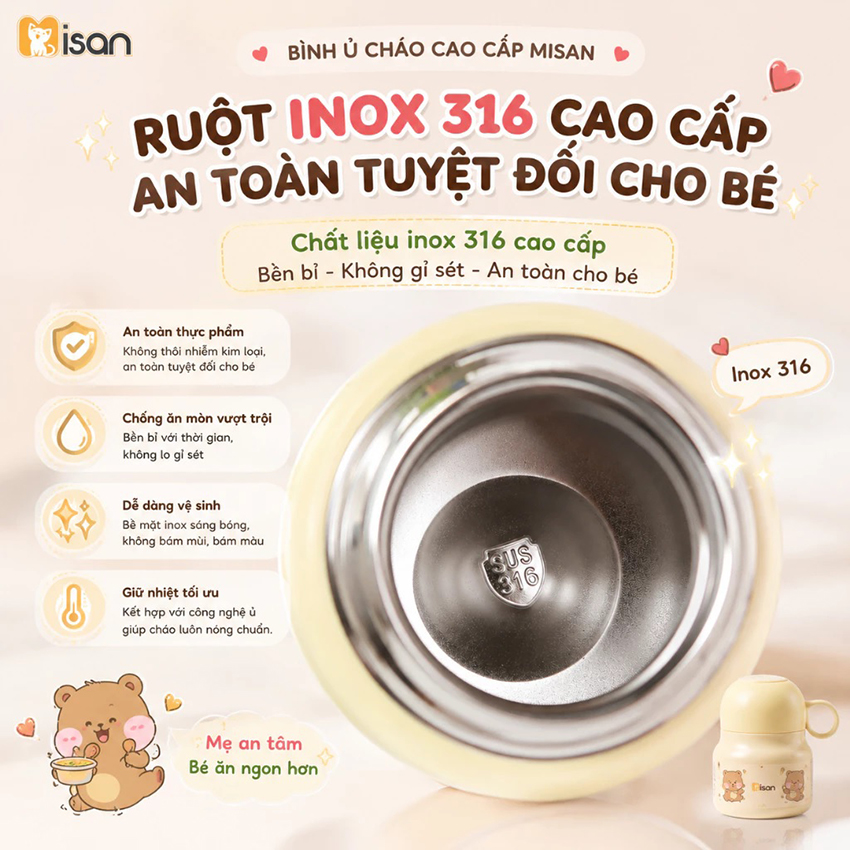 Bình ủ cháo inox 316 Misan 500ml