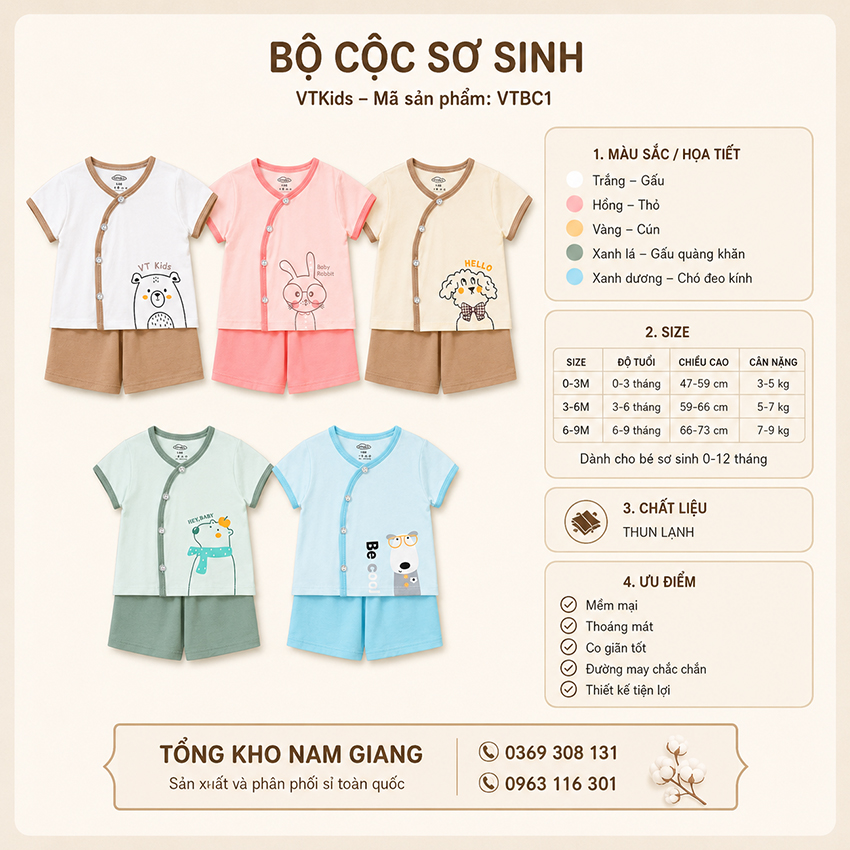 Bộ cộc sơ sinh thun lạnh VTKids cài chéo VTBC1