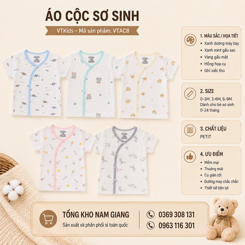 Áo cộc sơ sinh Petit VTKids cài lệch VTAC8
