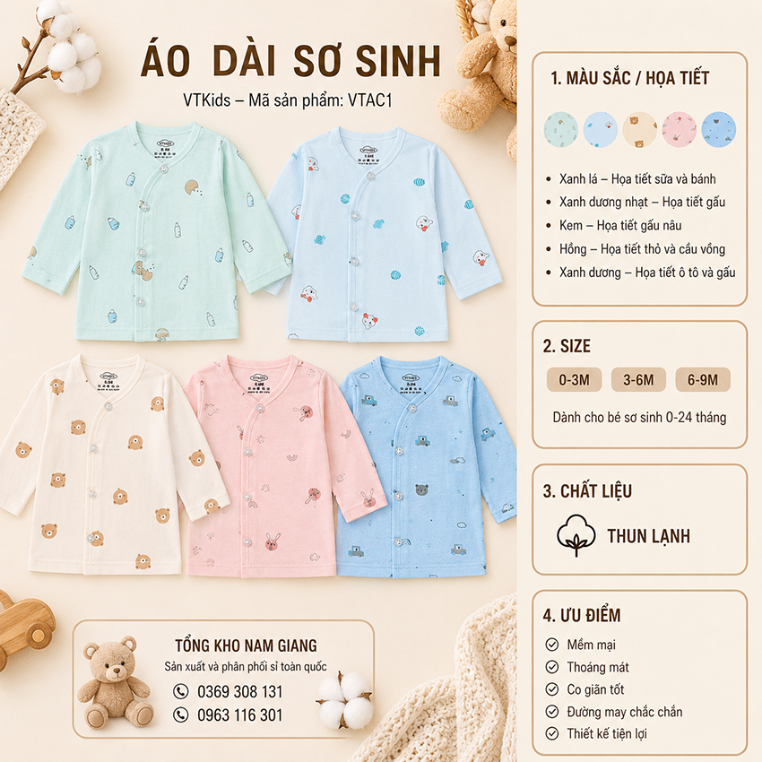 Áo dài sơ sinh thun lạnh VTKids cài lệch VTAD1