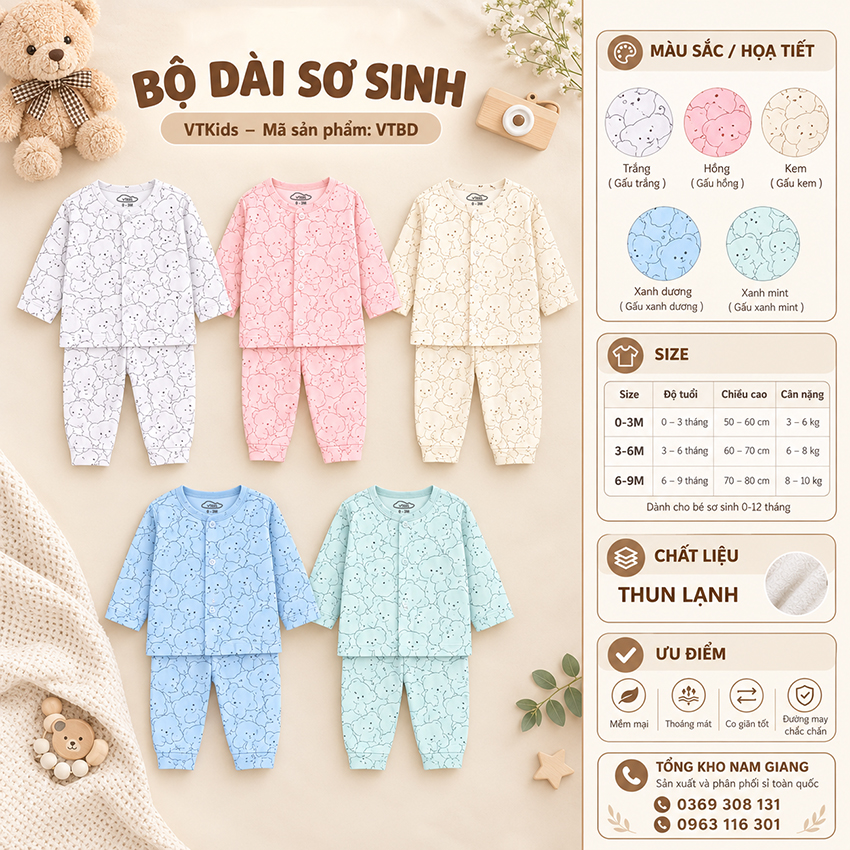 Bộ dài sơ sinh thun lạnh VTKids cài lệch VTBD16