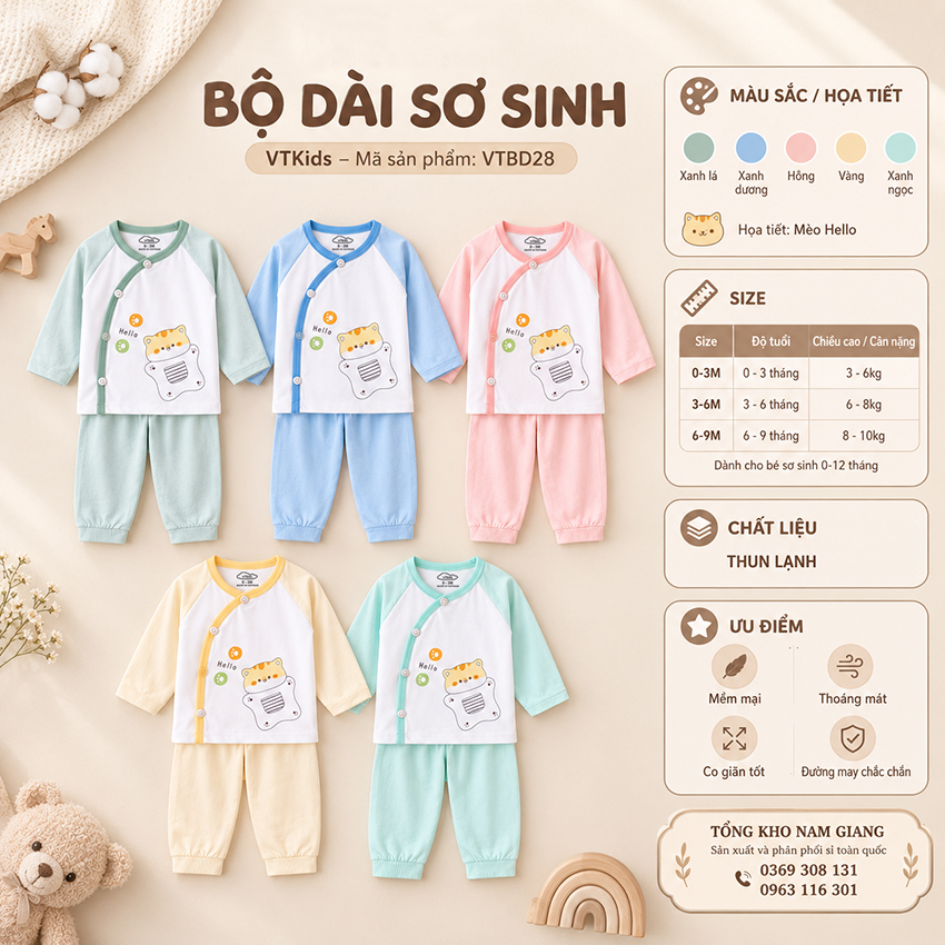 Bộ dài sơ sinh thun lạnh VTKids cài lệch VTBD28