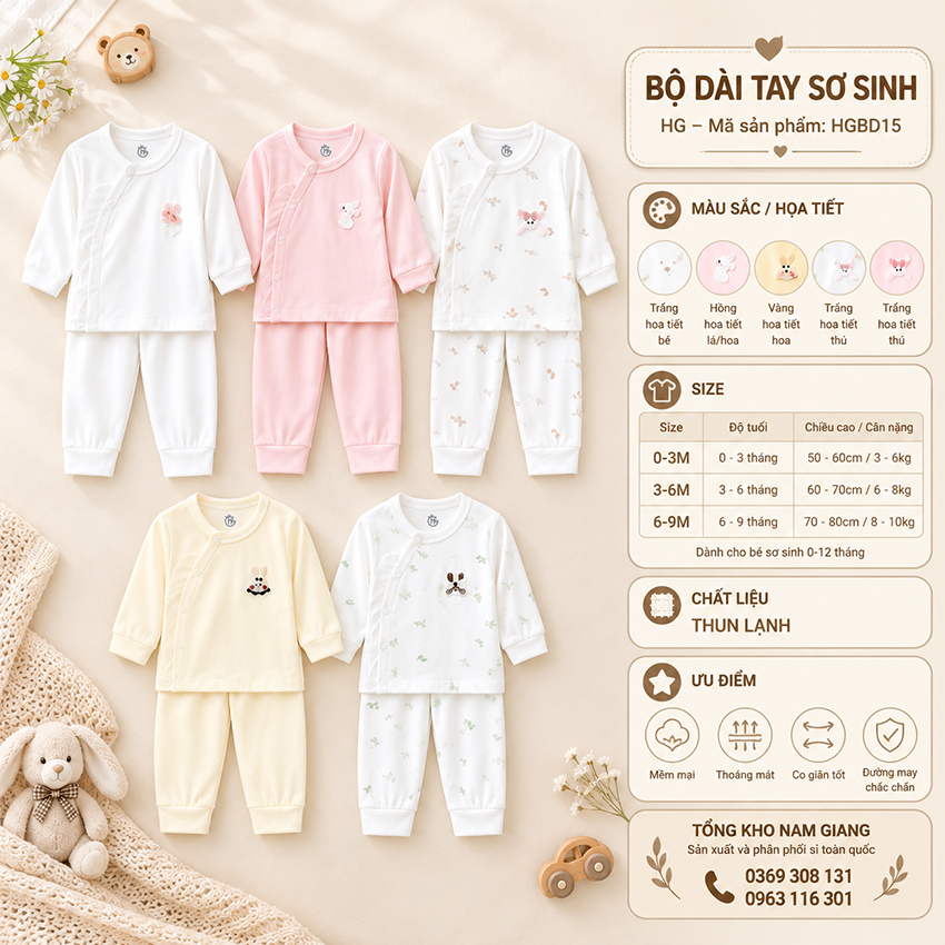 Bộ dài sơ sinh thun lạnh HG cài lệch HGBD15