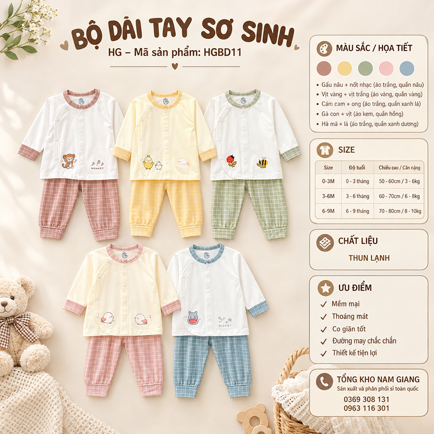 Bộ dài sơ sinh thun lạnh HG cài lệch HGBD11