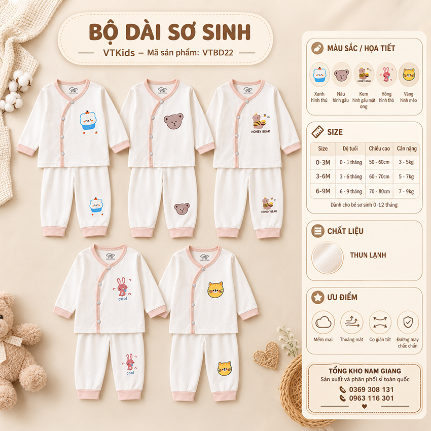 Bộ dài sơ sinh thun lạnh VTKids cài lệch VTBD22