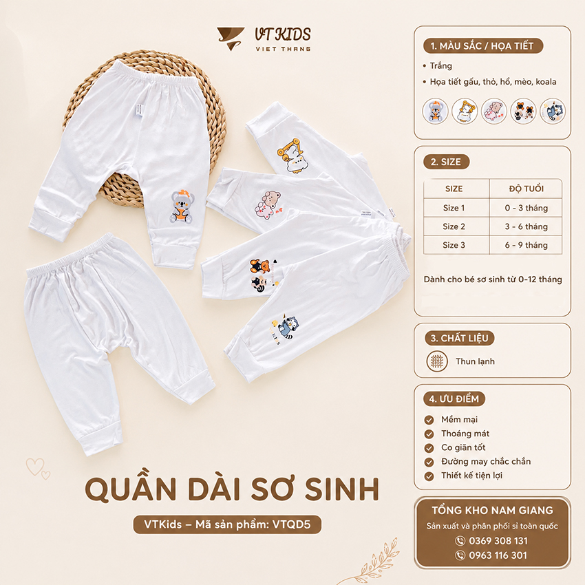 Quần dài sơ sinh thun lạnh VTKids đáp đũng VTQD5