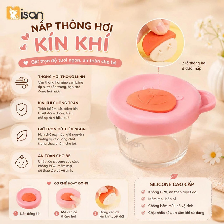 Sét 3 hũ thủy tinh gấu Misan nắp silicon trơn