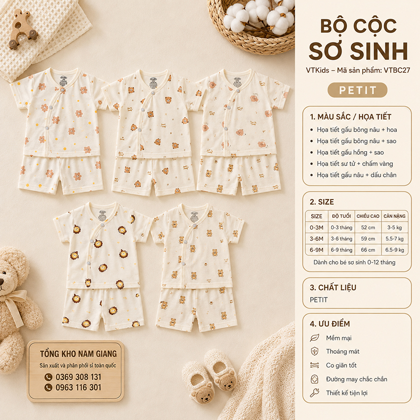 Bộ cộc sơ sinh Petit VTKids cài lệch VTBC27