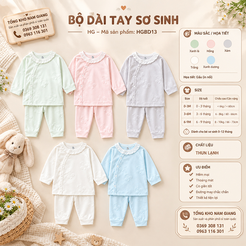 Bộ dài sơ sinh thun lạnh HG cài lệch HGBD13