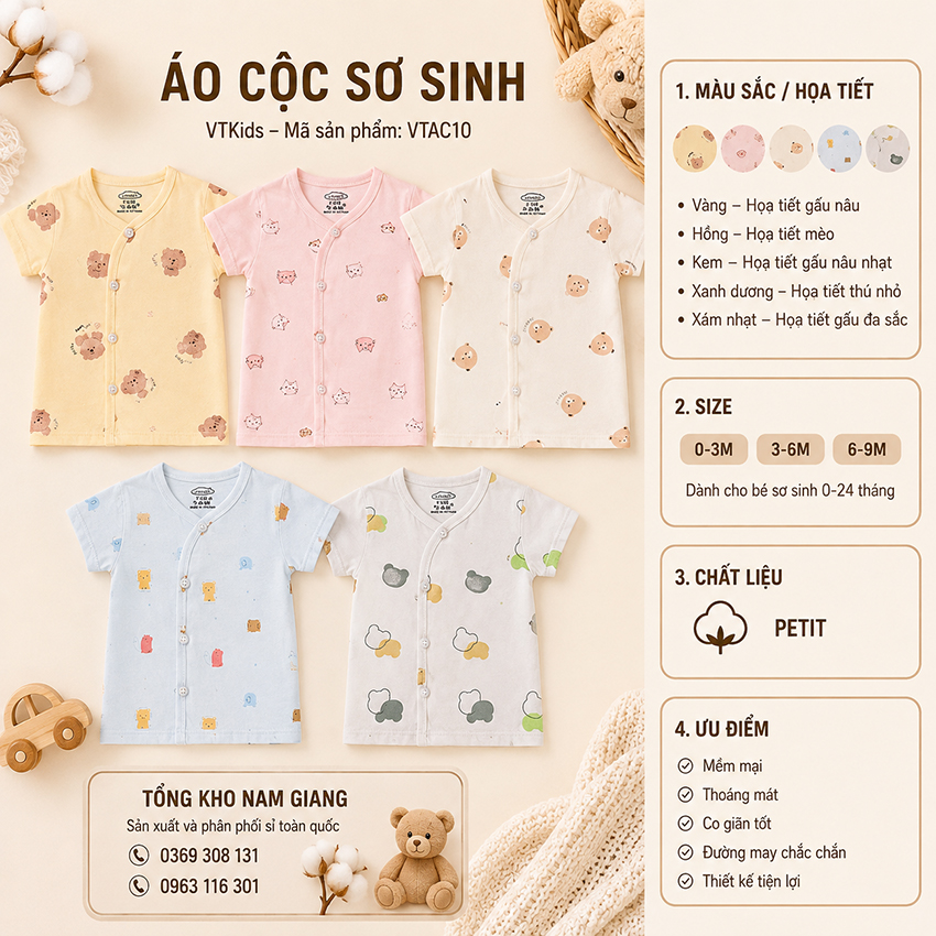 Áo cộc sơ sinh Petit VTKids cài lệch VTAC10