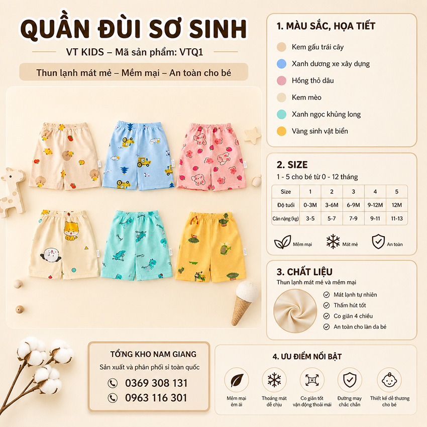 Quần đùi sơ sinh thun lạnh VTKids VTQ1